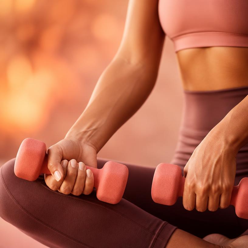Hands gripping dumbbells during a sculpt sequence