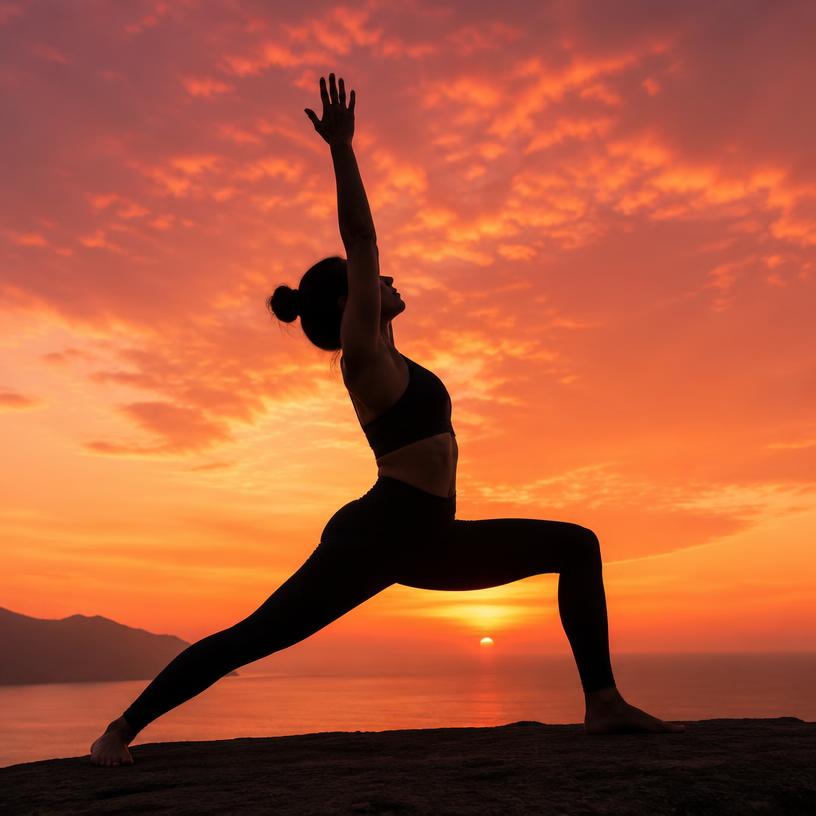 Warrior pose silhouette against a sunset